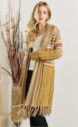 Bohemian Longline Knit Cardigan With Fringe Tassel Hem Southwestern Aztec Print thumbnail 11