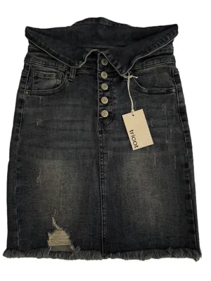 Tricot Black Distressed Denim Pencil Skirt with Button Front thumbnail 1