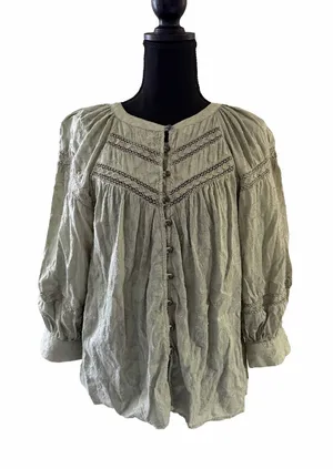 Anthropologie Womens Medium Green Textured Cotton Lace Boho Peasant Blouse Top thumbnail 1