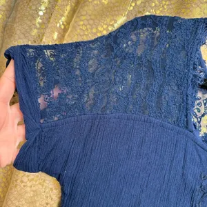 Free People Navy Blue Tiered Distressed Boho Lace Embroidered Dress Small thumbnail 5