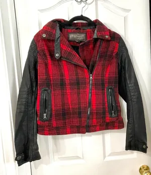 Red & Black Plaid Moto Jacket With Faux Leather Sleeves thumbnail 1
