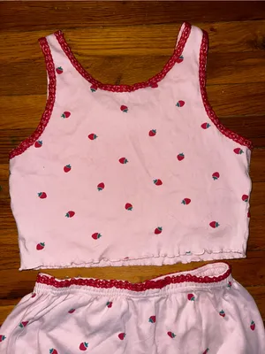 Love Peace & Lazy Days Strawberry Lace Trim Pajama Set Pink Coquette PJs Viral thumbnail 7