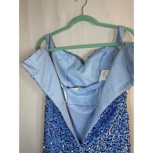 Womens Blue Sequin Ruched Bodycon Mini Dress Sweetheart Off Shoulder thumbnail 13