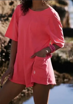 Hot pink free people movement tee romper v neck fall active nwot casual thumbnail 1