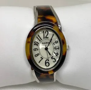 Narmi silver tone Tortoise shell cuff bracelet watch mop dial 28mm 6.5” running thumbnail 1