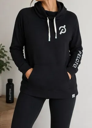 Peloton Black Funnel Neck Sweatshirt Pullover Logo Hoodie Size L thumbnail 1
