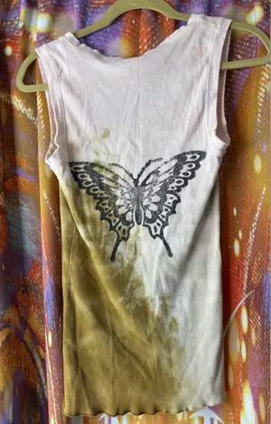 Boho Women’s Ivory Brown Tie Dye Butterfly Scoop Neck Henley Tank M thumbnail 3