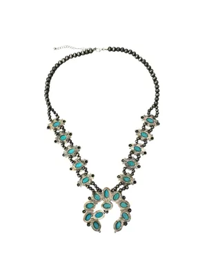 Faux Turquoise Squash Blossom Necklace & Earrings Jewelry Set 3 Pieces Southwest thumbnail 6