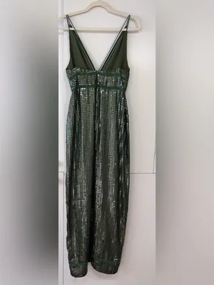ASOS Olive Green Sequin Maxi Dress Deep V Front Slit Glam Evening Gown US 6 thumbnail 4