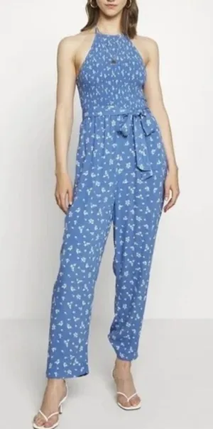 NWT American Eagle Bella Smocked Jumpsuit Sz XL Blue Floral Cottagecore thumbnail 1