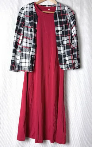 Modest Dress Jacket Set Women Large Red Plaid Workwear Belted Church Office Midi thumbnail 1
