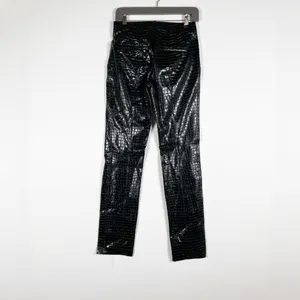 Zara Faux Vegan Leather Croc Embossed Mid Rise Straight Leg Trouser Pants Black thumbnail 4
