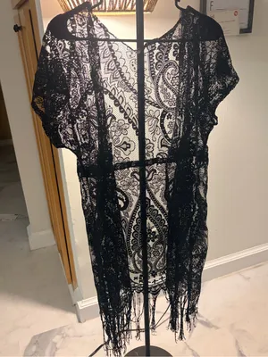 Black Lace Fringe Mini Dress Cover-Up thumbnail 3