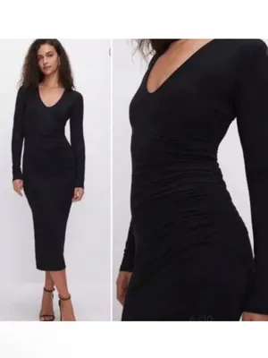 NWOT Good American V-Neck Bodycon Midi Black Dress 0 (US 0-2) SUPERGLUE FLAW thumbnail 3