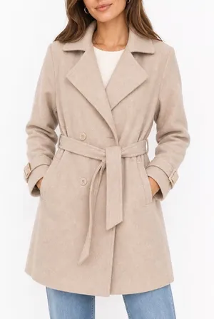 Beige Double Breasted Belted Trench Coat M2A141 Large Tan Long Sleeve Jacket thumbnail 1