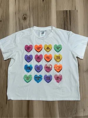 Queen Of Sparkles Conversation Hearts Sequin Short Sleeve Shirt Women’s Medium thumbnail 2