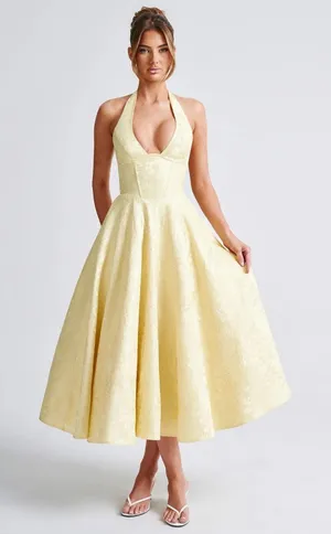 NWT Babyboo Effie Lemon Yellow Floral Jacquard Halter A-Line Midi Dress Size S thumbnail 1