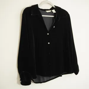Eddie Bauer Black Velvet Silk Button Front Blouse Long Sleeve Whimsigoth Vintage thumbnail 2