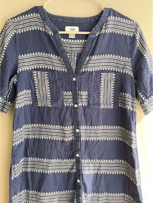 Old Navy Blue & White Geometric Stripe Button-Front Mini Shirt Dress PS thumbnail 2