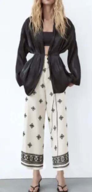 ZARA LINEN BLEND EMBROIDERED PANTS Ivory/ Black Size Large thumbnail 1