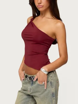 Edikted Knotted One Shoulder Asymmetric Top Maroon Small NWOT thumbnail 2