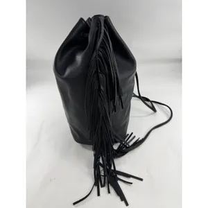Victoria's Secret Black Pebbled Faux Leather Fringe Drawstring Bucket Bag Silver thumbnail 5
