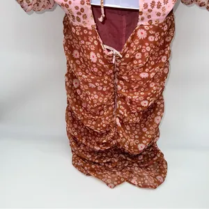 Free People Pink and Rust Brown Floral Ruched Mini Dress with Boho Feels-Size S thumbnail 8