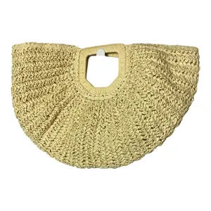 Ramla Woven Raffia Creasant Top Handle Bag Purse Tan Straw Boho Beach Vacation thumbnail 1