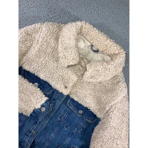 Topshop Denim Jacket Womens 6 Small Blue Cream Borg Fleece Mixed Media Trucker thumbnail 2