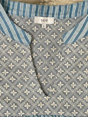 Boho Blue Patterned Short-Sleeve Tunic Top - Lightweight Peasant Style thumbnail 6