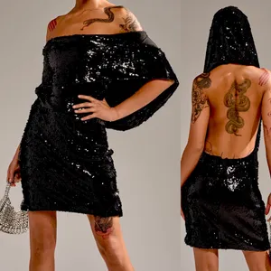 Akira NWT Cool Girl" Hood runway black Sequin Deep V Halter backless dress L thumbnail 2