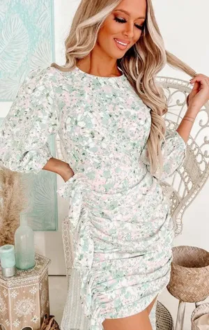 Entro Pink and Green Patterned Cinched Ruffle Detail Long Sleeve Dress thumbnail 1