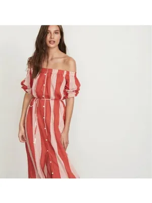 Faithfull The Brand Sun Striped Gauzy Cotton Off Shoulder Orange Maxi Dress 2 thumbnail 2