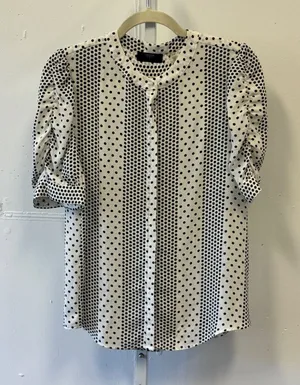 Tahari Womens Polka Dot Striped Blouse Black White Ruched Puff Sleeve Medium thumbnail 1