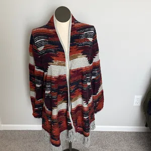 LUCKY BRAND Aztec Southwestern Open Front Fringed Cardigan Size XLarge thumbnail 4