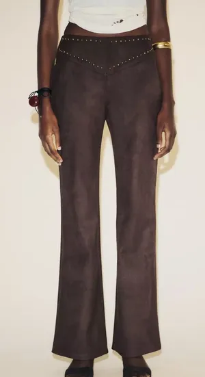 Zara NWT brown studded faux suede embellished pants thumbnail 1