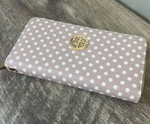 Zip Around Wallet Tan with White Polka Dots 7.5 x 3.5” thumbnail 1