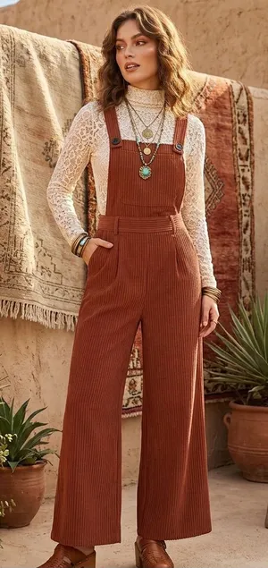 Cider Terracotta Corduroy Wide Leg Jumpsuit Orange Overalls M 70s Retro Vibe thumbnail 1