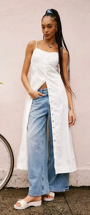 Free People Just Jill Maxi Denim Dress White A Line Sleeveless Pockets Medium thumbnail 1