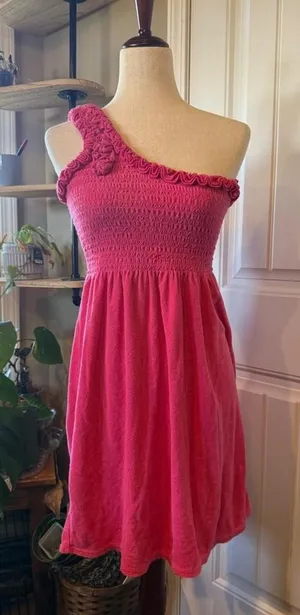 Juicy Couture Pink Smocked One Shoulder Terry Cloth Beach Cover‎ Up Dress M thumbnail 1