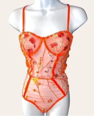 one piece orange sheer mesh Nighty! New Size L thumbnail 1