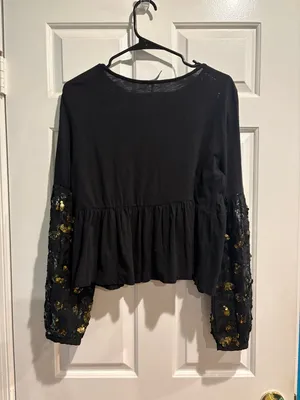 Anthropologie Neale Sequined Peplum Top blouse boho cottagecore M black thumbnail 4