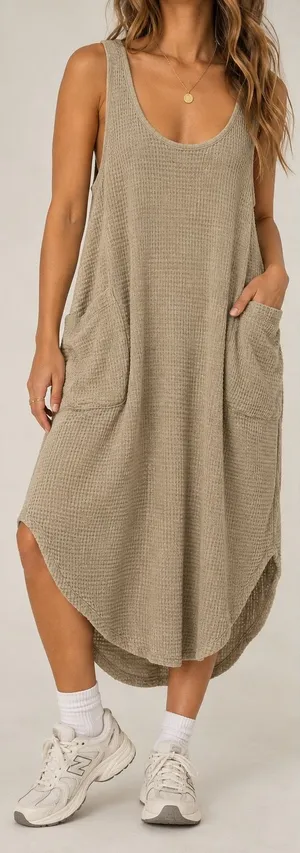 Free People Size S Beige Waffle Knit Midi Dress Oversized Boho Pockets thumbnail 1