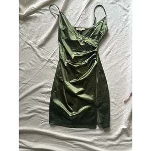 Olive Satin Slip Dress with Side Ruched Detail thumbnail 2