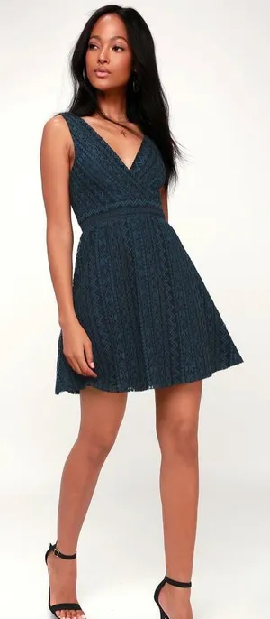 Lulus Navy Blue Lace Skater Dress thumbnail 1