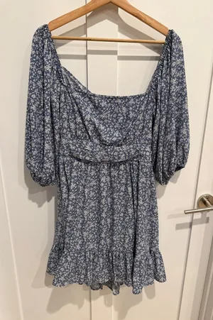 She + Sky Navy Blue ditsy Floral Puff-Sleeve Mini Dress thumbnail 1