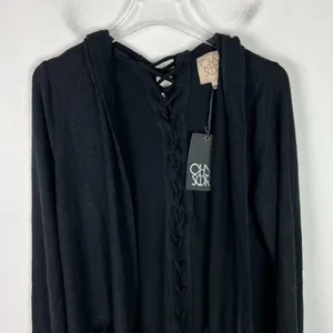 NWT Chaser Long Sleeve Lace Back Hooded Open Cardigan Black Size Medium M NEW thumbnail 2