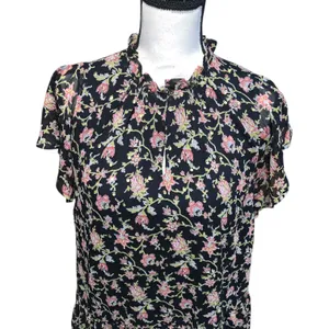 LOFT Dress Black Floral Drop Waist Ruffle Neck Gold Embroidered Polka Dot thumbnail 3