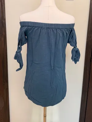 Lulus blue tie off the shoulder short sleeve blouse thumbnail 3