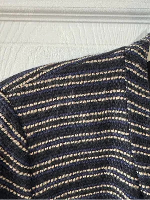 Ann Taylor Tweed Longline Blazer Coat Navy Golden Brown Stripe Size 8 thumbnail 4